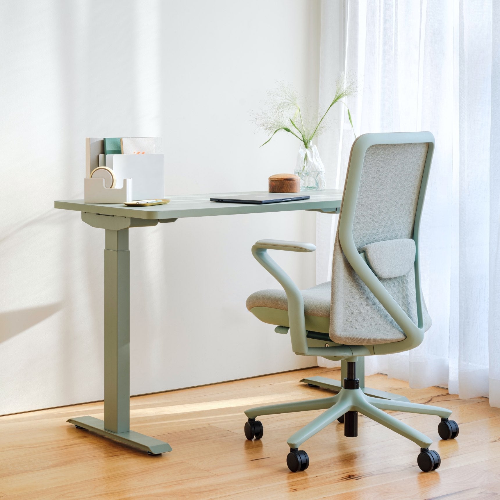 Top Color:Walnut; Leg Color:Sage; Desk Size:58 inches x 27 inches;