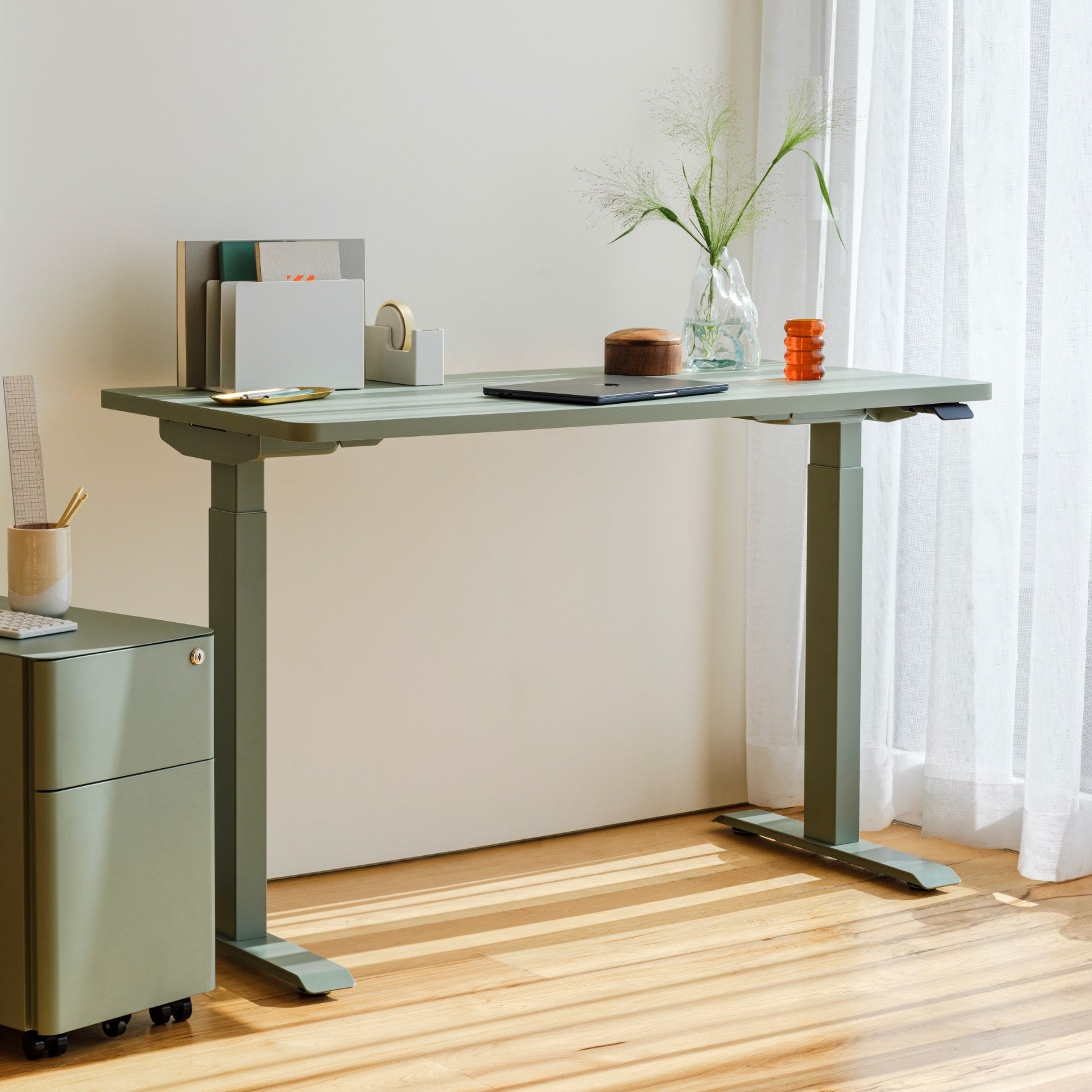 Top Color:Charcoal; Leg Color:Sage; Desk Size:58 inches x 27 inches;