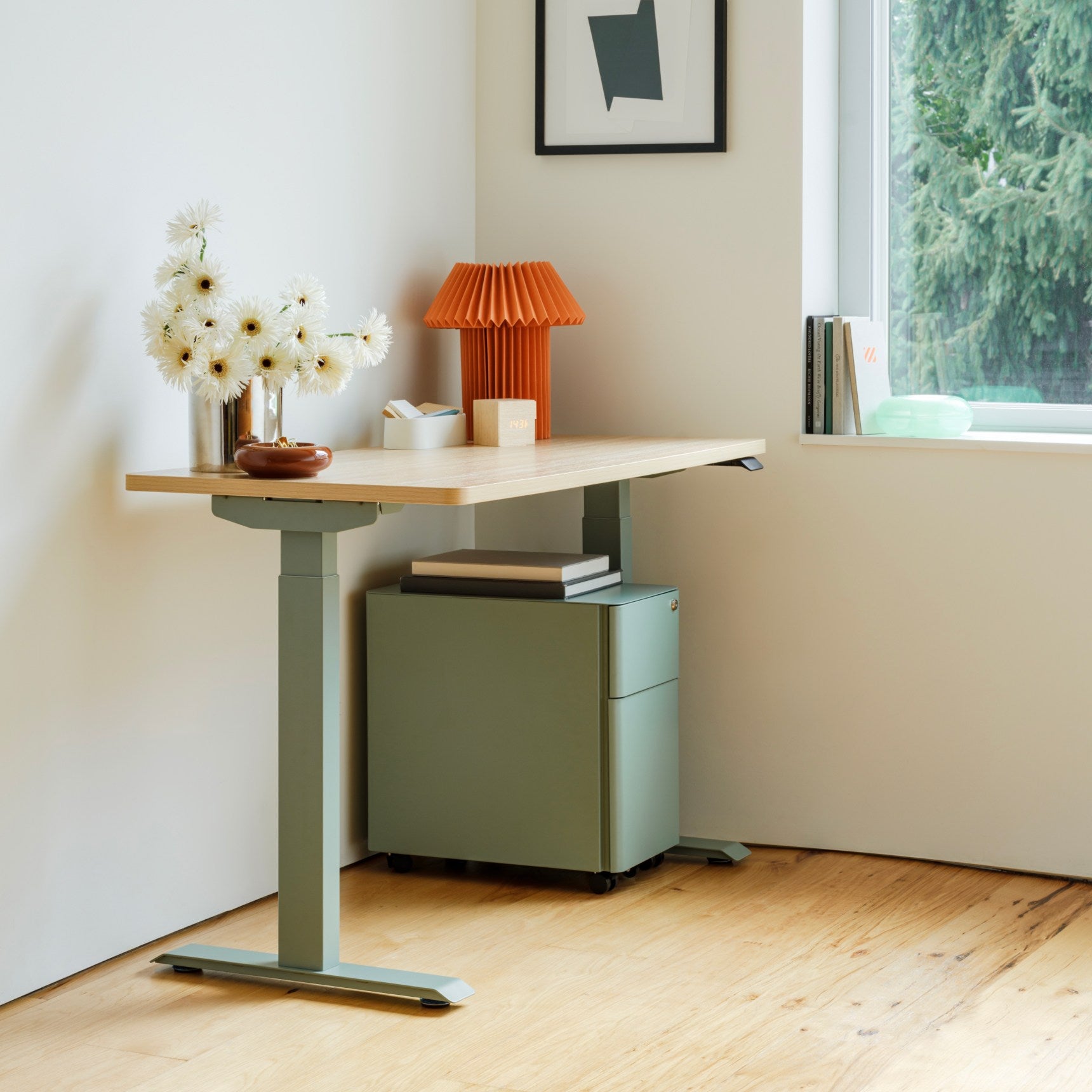 Top Color:Woodgrain; Leg Color:Sage; Desk Size:48 inches x 24 inches;