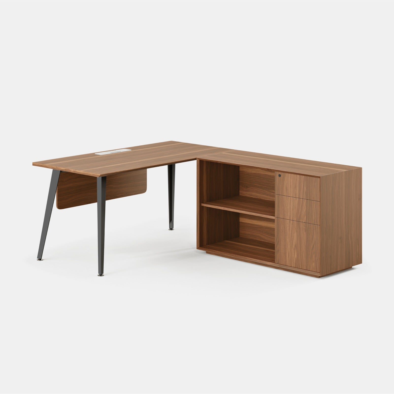 Orientation:Right; Color:Walnut/Charcoal; Size:Office Desk + Credenza