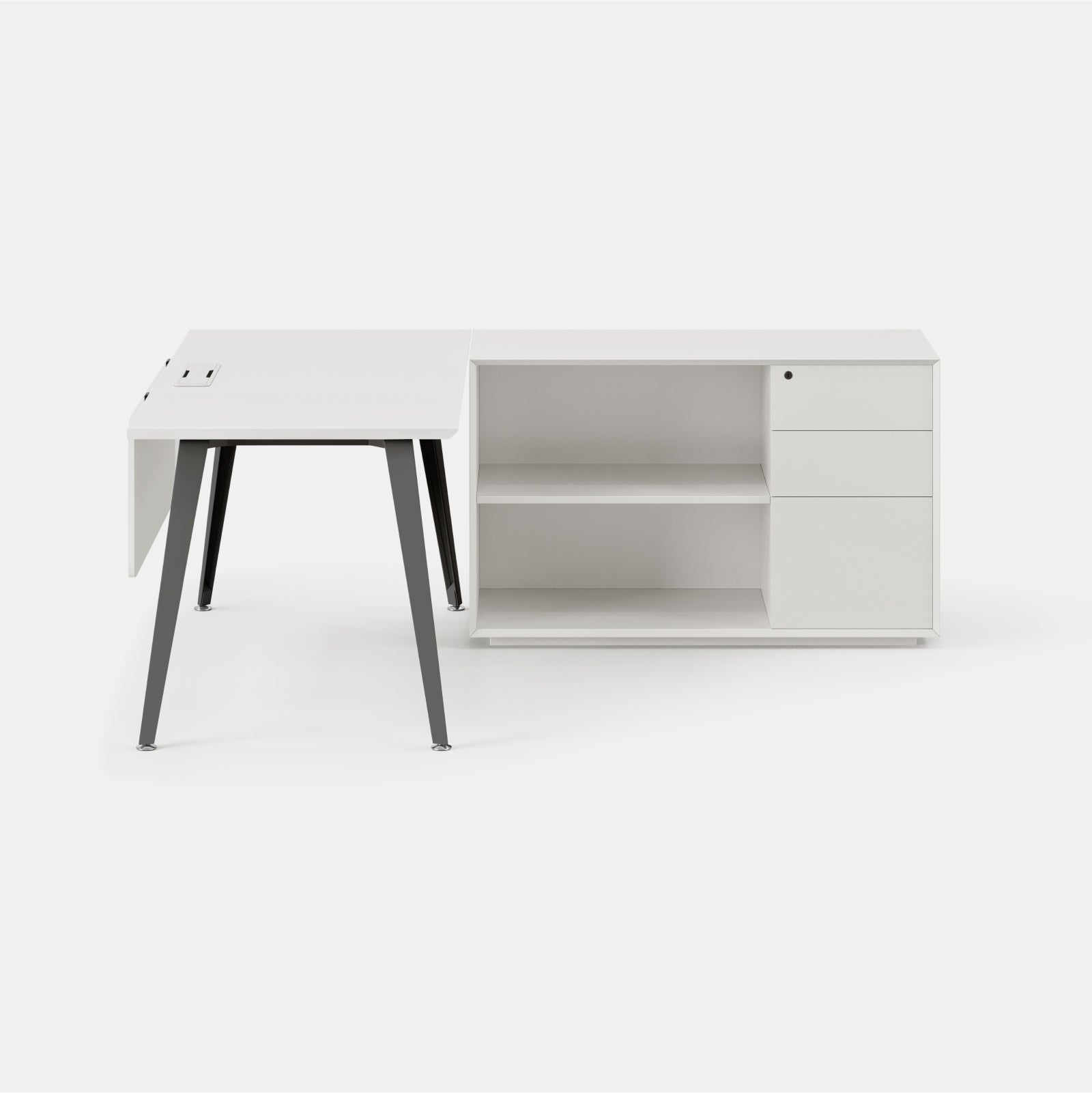 Orientation:Right; Color:White/Charcoal; Size:Office Desk + Credenza