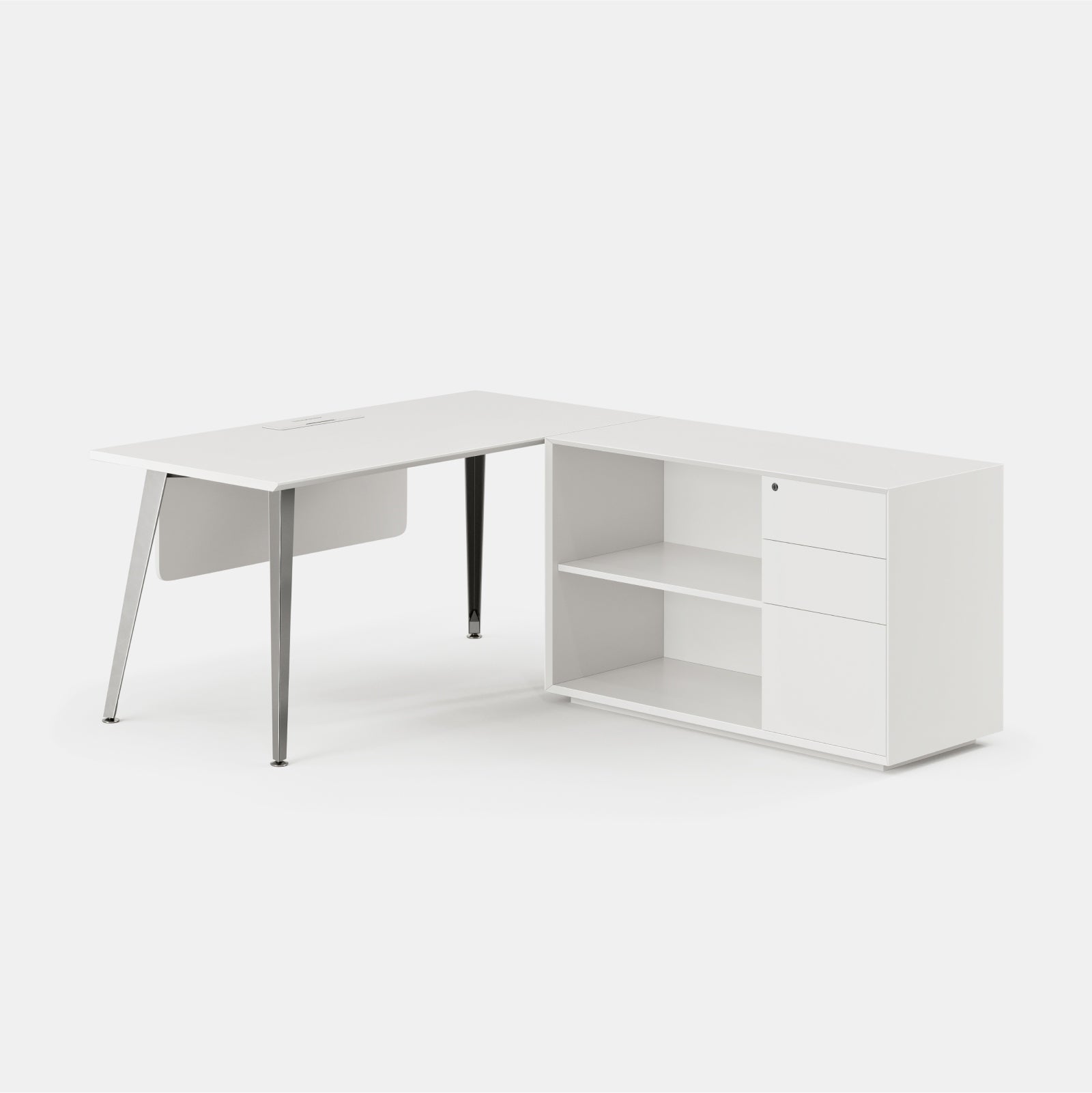 Orientation:Right; Color:White/Mirror; Size:Office Desk + Credenza