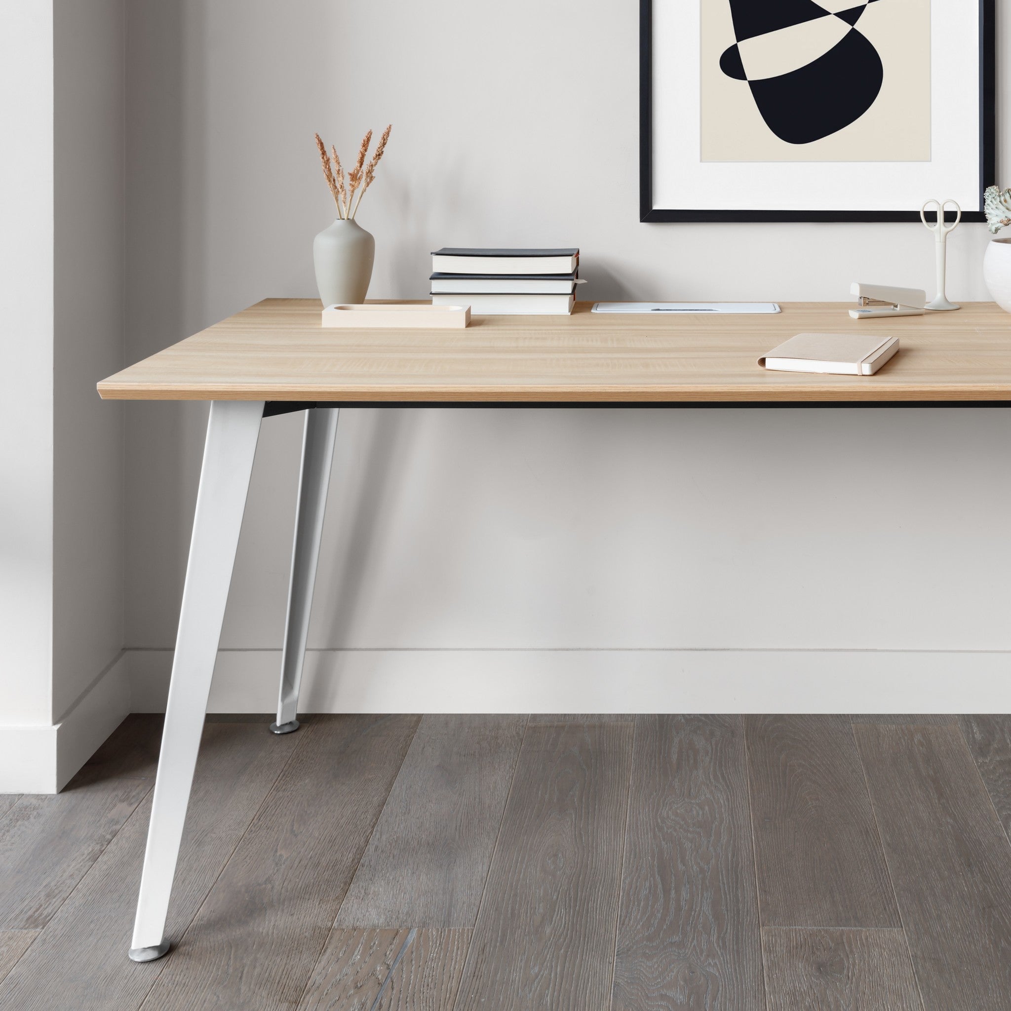 Top Color:Woodgrain; Leg Color:Powder White; Desk Size:48 inches x 24 inches;