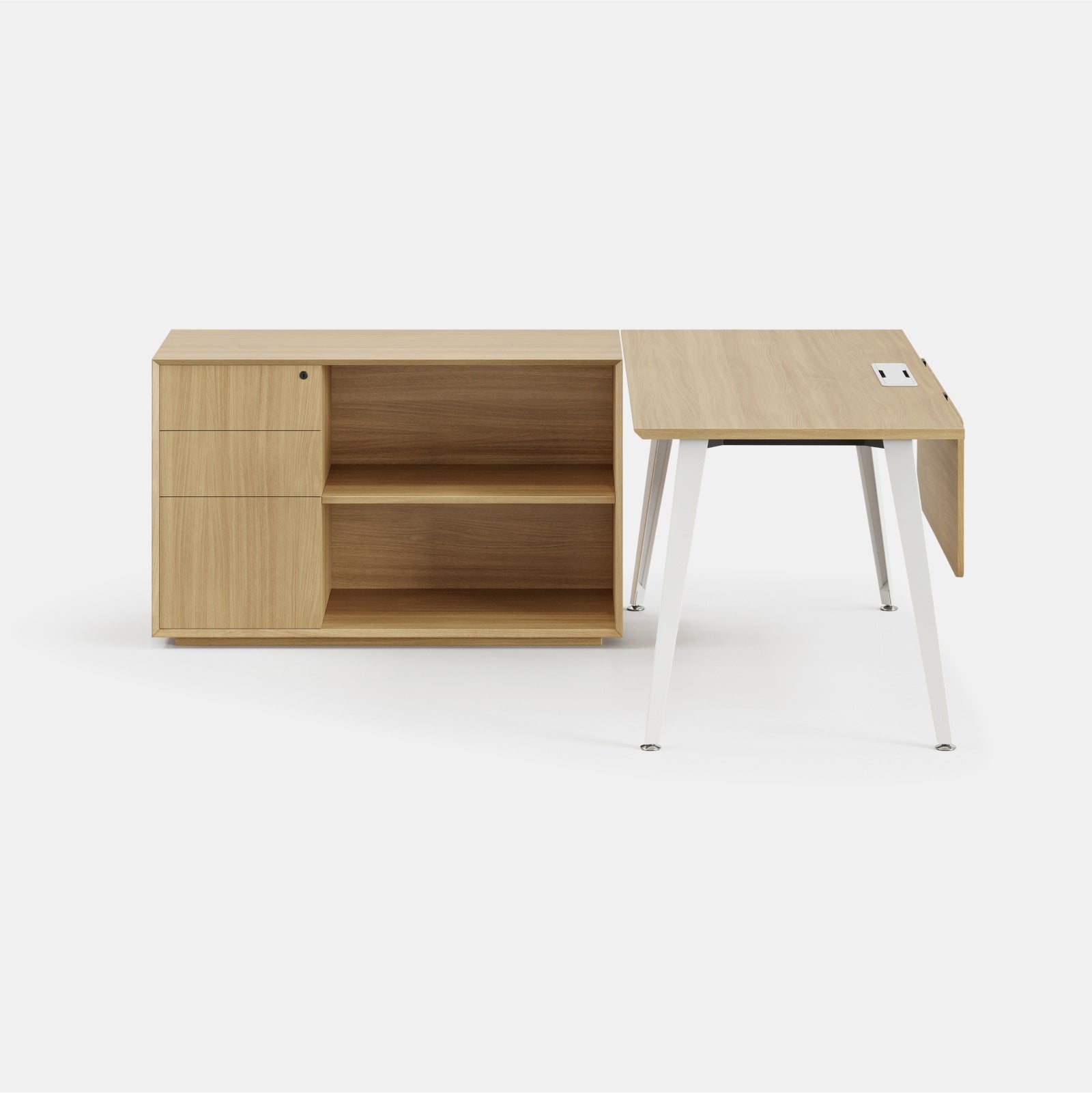 Orientation:Left; Color:Woodgrain/Powder White; Size:Office Desk + Credenza